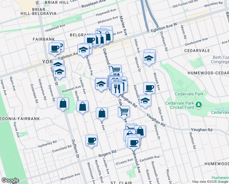 map of restaurants, bars, coffee shops, grocery stores, and more near in Toronto