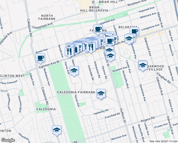 map of restaurants, bars, coffee shops, grocery stores, and more near in Toronto
