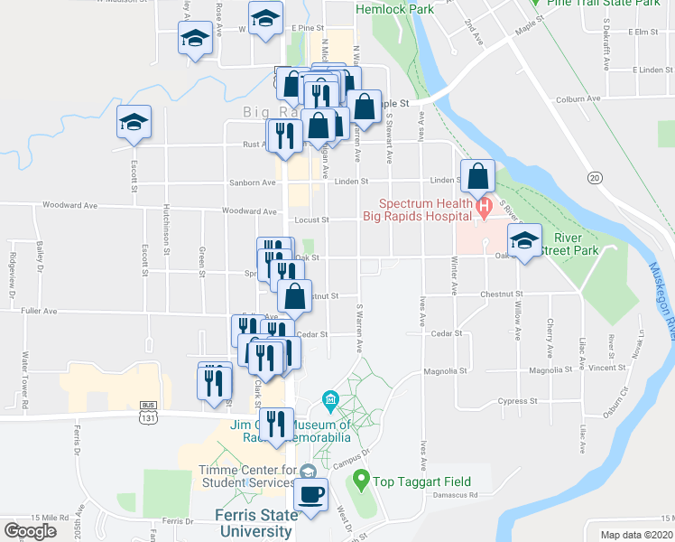 map of restaurants, bars, coffee shops, grocery stores, and more near 526 South Michigan Avenue in Big Rapids