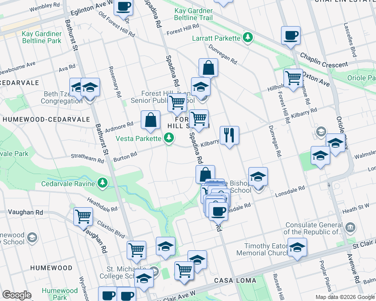 map of restaurants, bars, coffee shops, grocery stores, and more near in Toronto