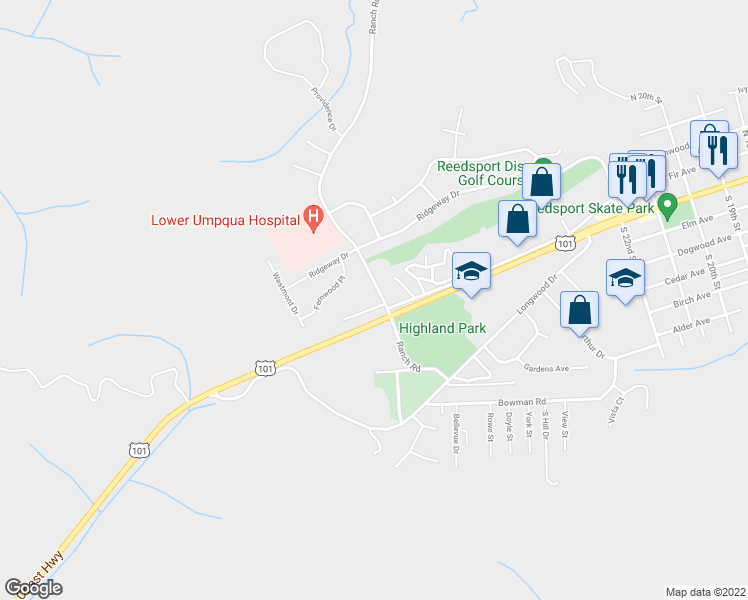 map of restaurants, bars, coffee shops, grocery stores, and more near 220 Ranch Road in Reedsport