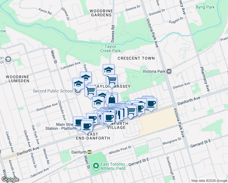 map of restaurants, bars, coffee shops, grocery stores, and more near 117 Dawes Road in Toronto