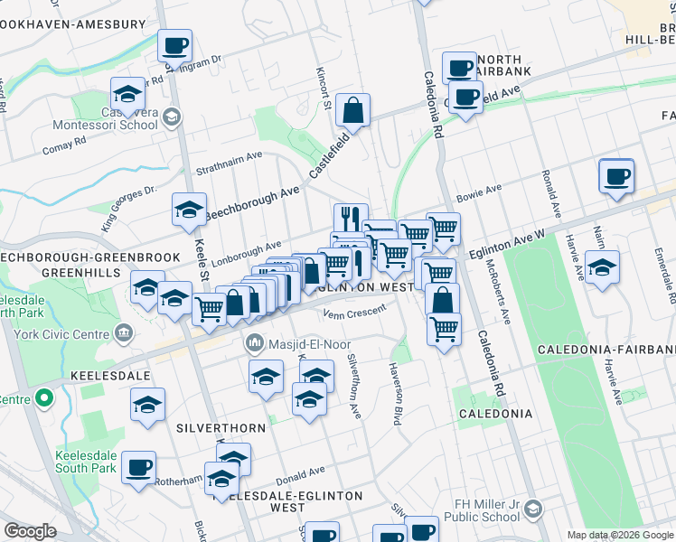 map of restaurants, bars, coffee shops, grocery stores, and more near Gabian Way in Toronto