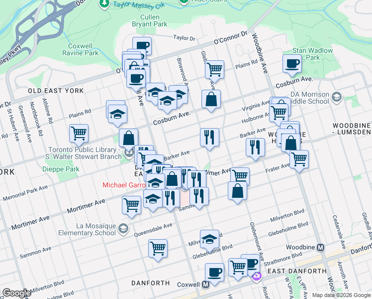 map of restaurants, bars, coffee shops, grocery stores, and more near 16 Barker Avenue in Toronto