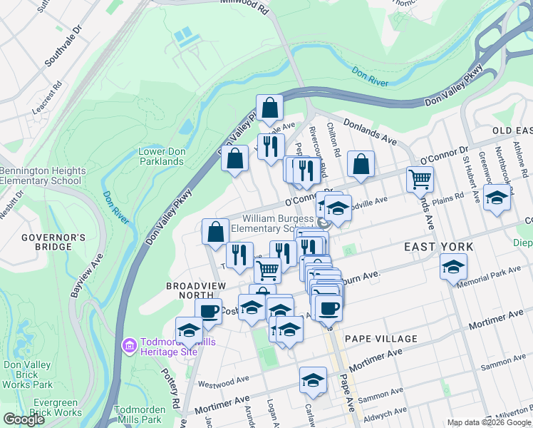 map of restaurants, bars, coffee shops, grocery stores, and more near 63 O'Connor Drive in Toronto