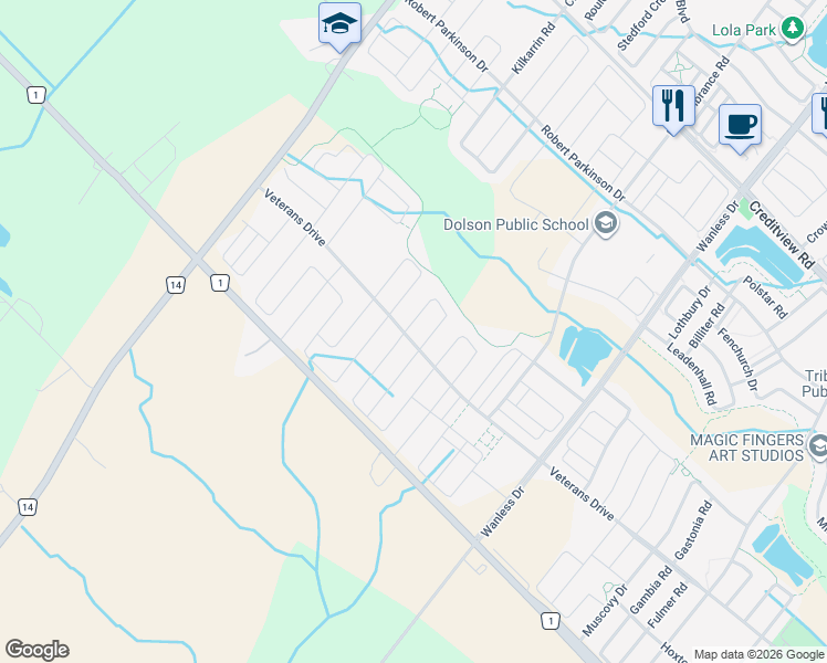 map of restaurants, bars, coffee shops, grocery stores, and more near 35 Farringdon Crescent in Brampton