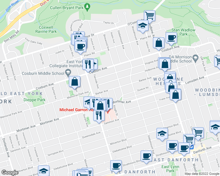 map of restaurants, bars, coffee shops, grocery stores, and more near 20 Barker Avenue in Toronto