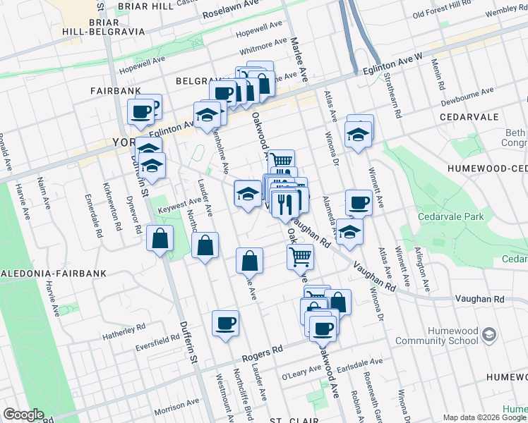 map of restaurants, bars, coffee shops, grocery stores, and more near 1 Bansley Avenue in Toronto