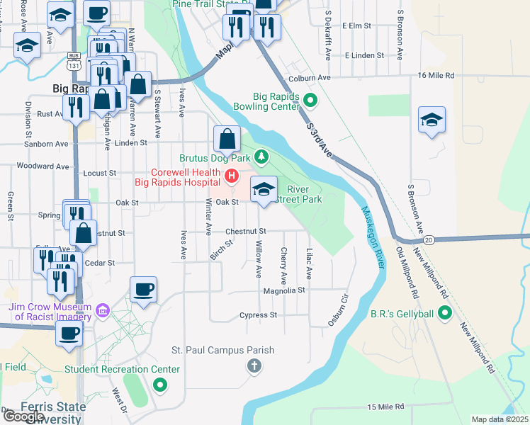 map of restaurants, bars, coffee shops, grocery stores, and more near 509 Willow Avenue in Big Rapids