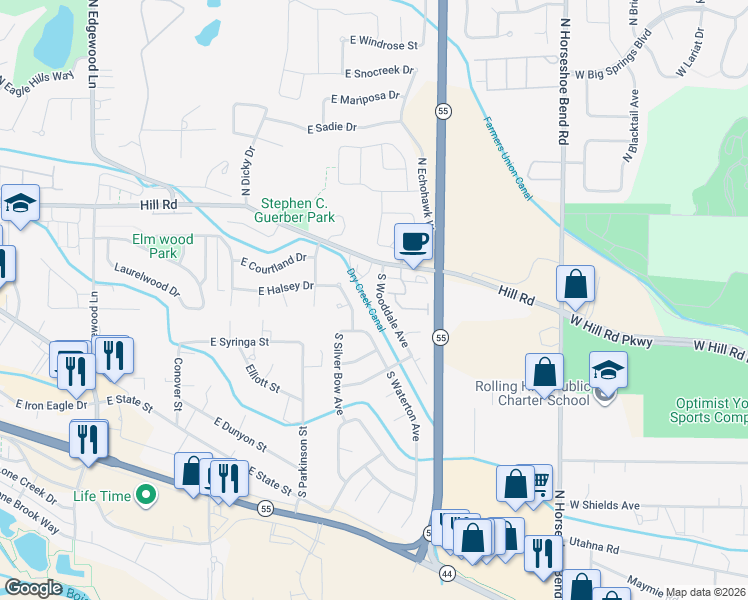 map of restaurants, bars, coffee shops, grocery stores, and more near 255 South Wooddale Avenue in Eagle