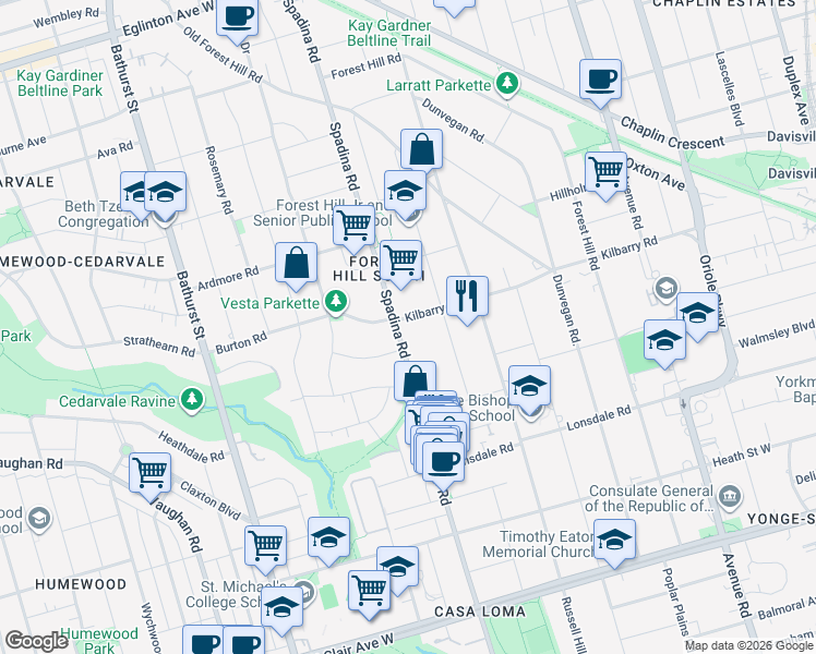 map of restaurants, bars, coffee shops, grocery stores, and more near 521 Spadina Road in Toronto