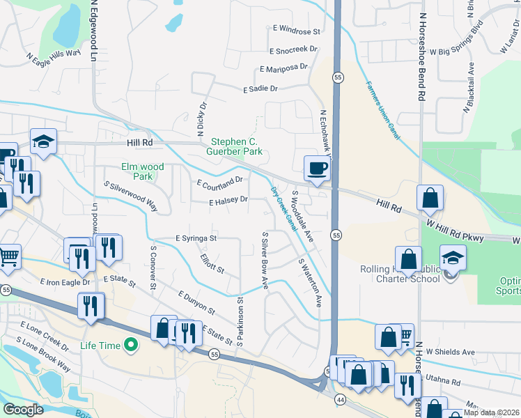map of restaurants, bars, coffee shops, grocery stores, and more near 409 South Silver Bow Avenue in Eagle