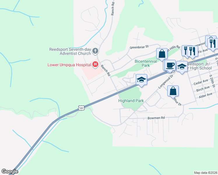 map of restaurants, bars, coffee shops, grocery stores, and more near 3615 Frontage Road in Reedsport