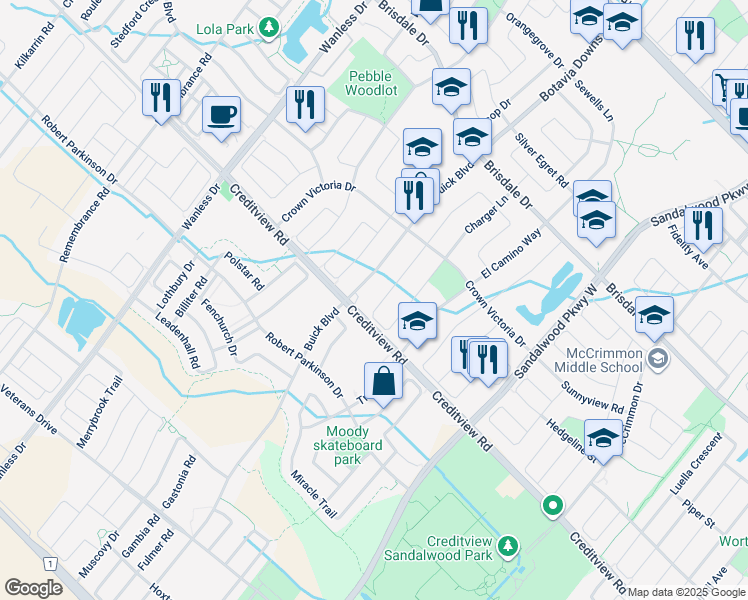 map of restaurants, bars, coffee shops, grocery stores, and more near 102 Cadillac Crescent in Brampton