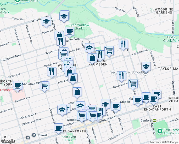 map of restaurants, bars, coffee shops, grocery stores, and more near 169 King Edward Avenue in Toronto