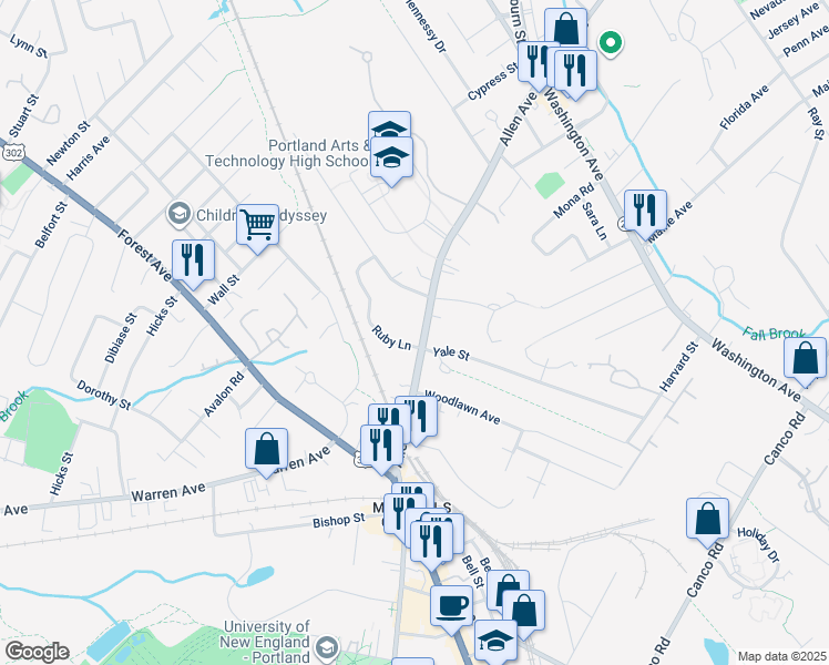 map of restaurants, bars, coffee shops, grocery stores, and more near 94 Allen Avenue in Portland