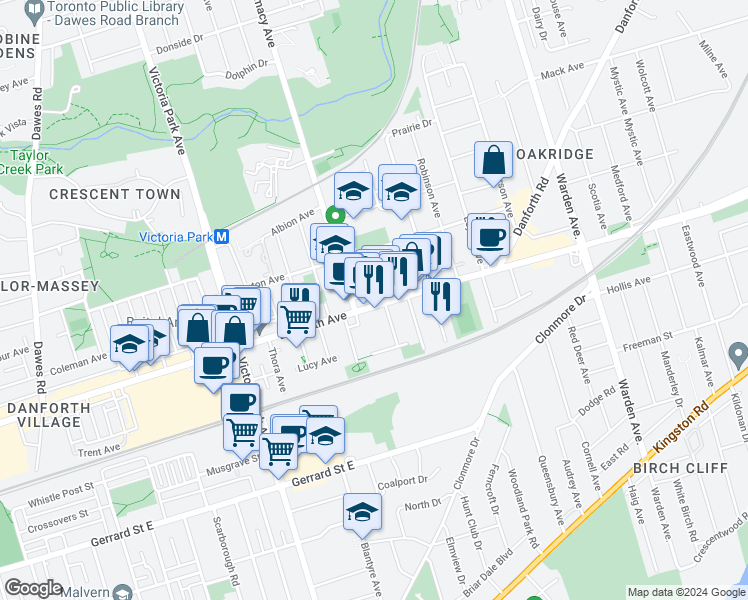 map of restaurants, bars, coffee shops, grocery stores, and more near in Toronto