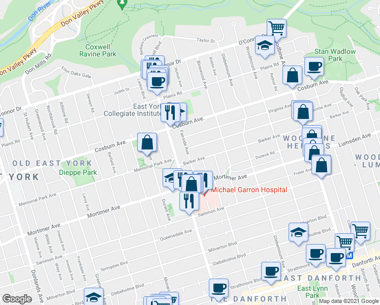 map of restaurants, bars, coffee shops, grocery stores, and more near in Toronto