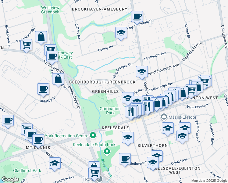 map of restaurants, bars, coffee shops, grocery stores, and more near in Toronto