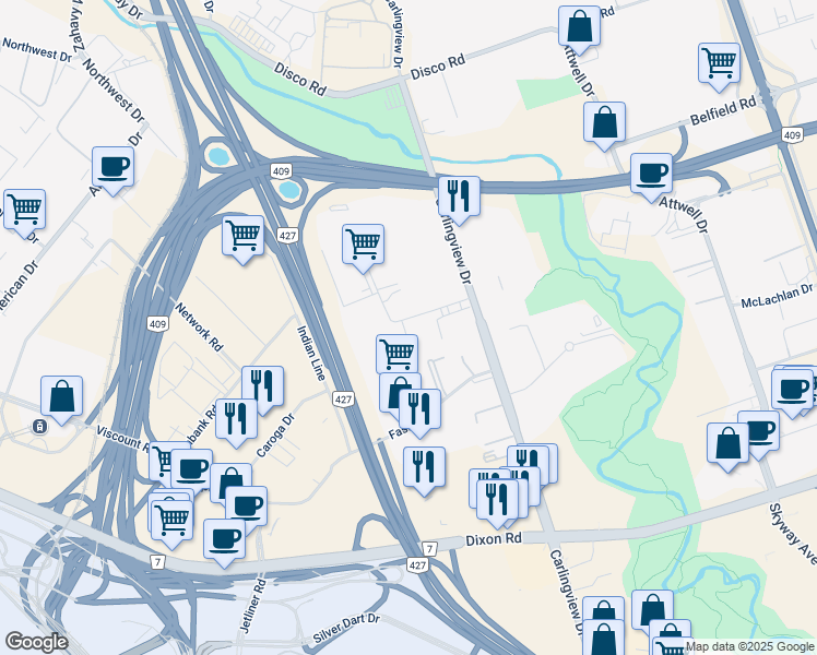 map of restaurants, bars, coffee shops, grocery stores, and more near 27 Worcester Road in Toronto