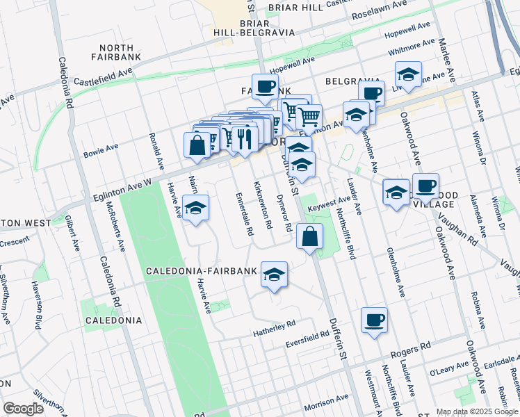 map of restaurants, bars, coffee shops, grocery stores, and more near 54 Kirknewton Road in Toronto