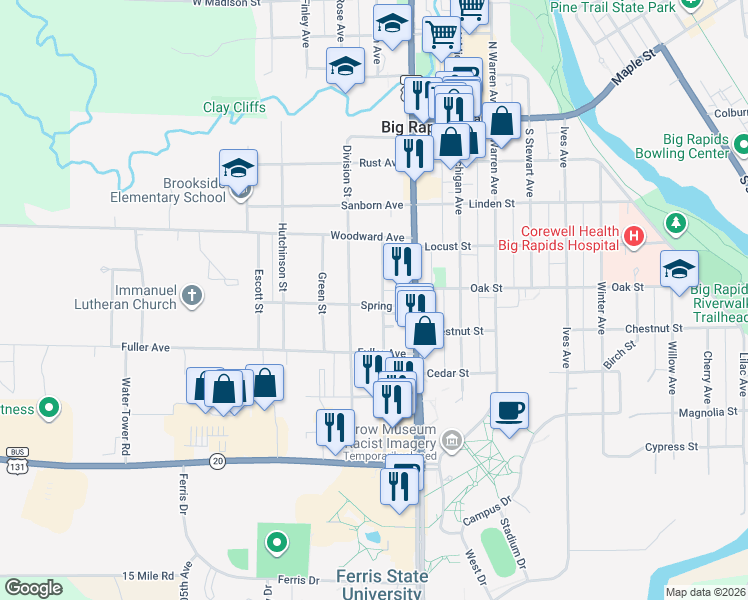 map of restaurants, bars, coffee shops, grocery stores, and more near 518 Clark Street in Big Rapids