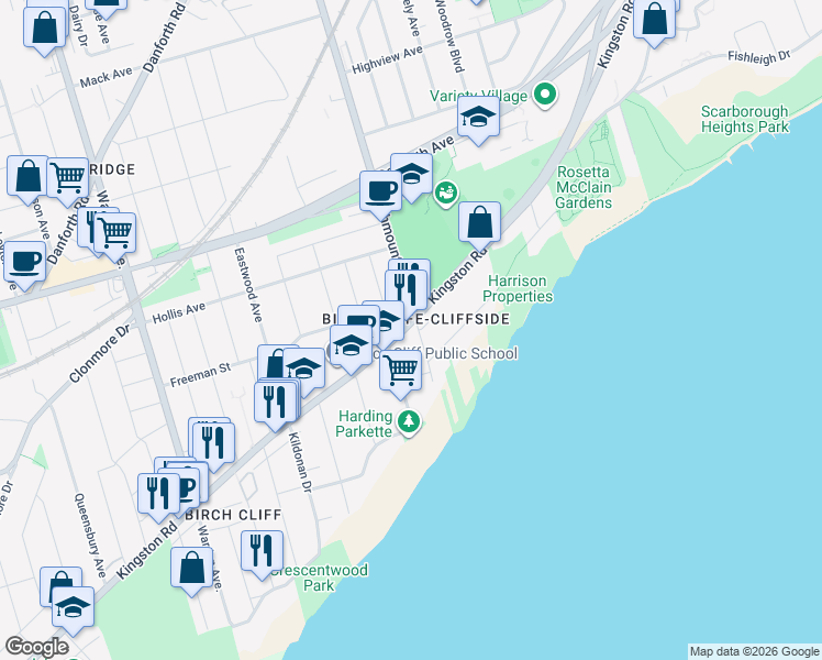 map of restaurants, bars, coffee shops, grocery stores, and more near 1733 Kingston Road in Toronto