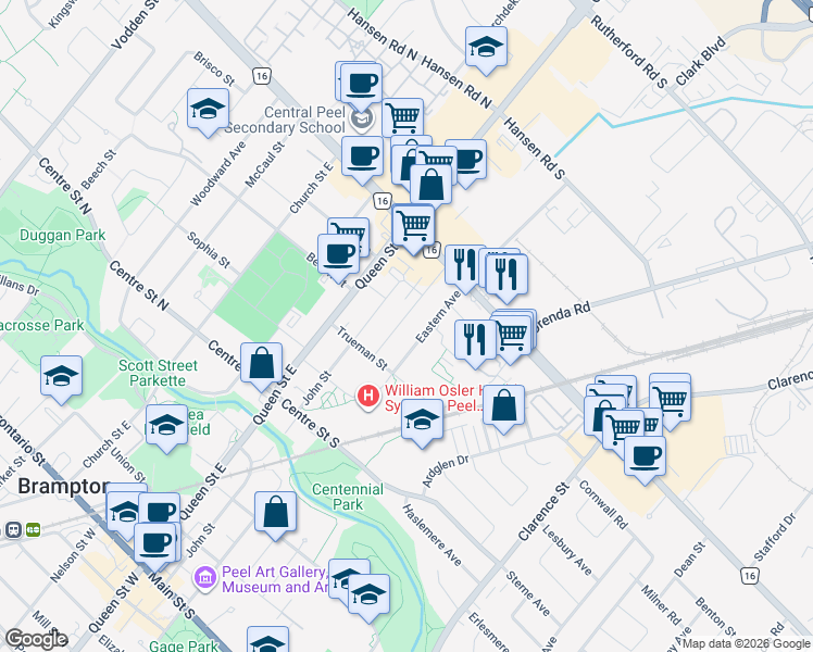 map of restaurants, bars, coffee shops, grocery stores, and more near 21 Hillcrest Avenue in Brampton