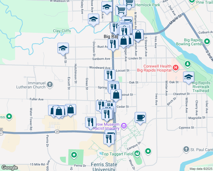 map of restaurants, bars, coffee shops, grocery stores, and more near 517 Clark Street in Big Rapids