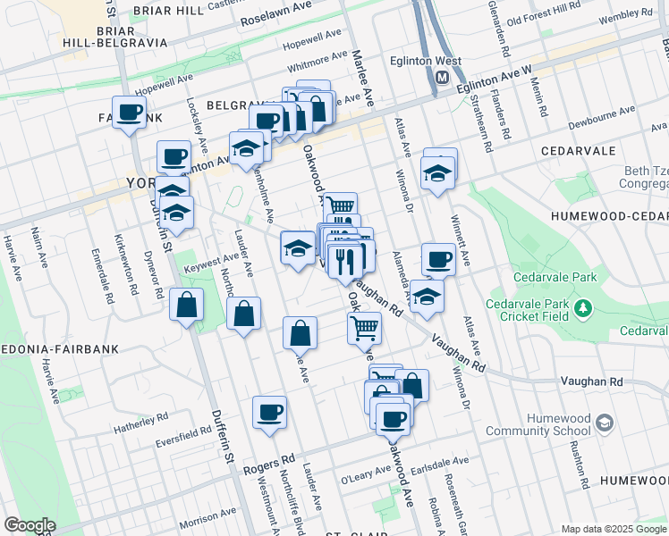 map of restaurants, bars, coffee shops, grocery stores, and more near 634 Vaughan Road in Toronto