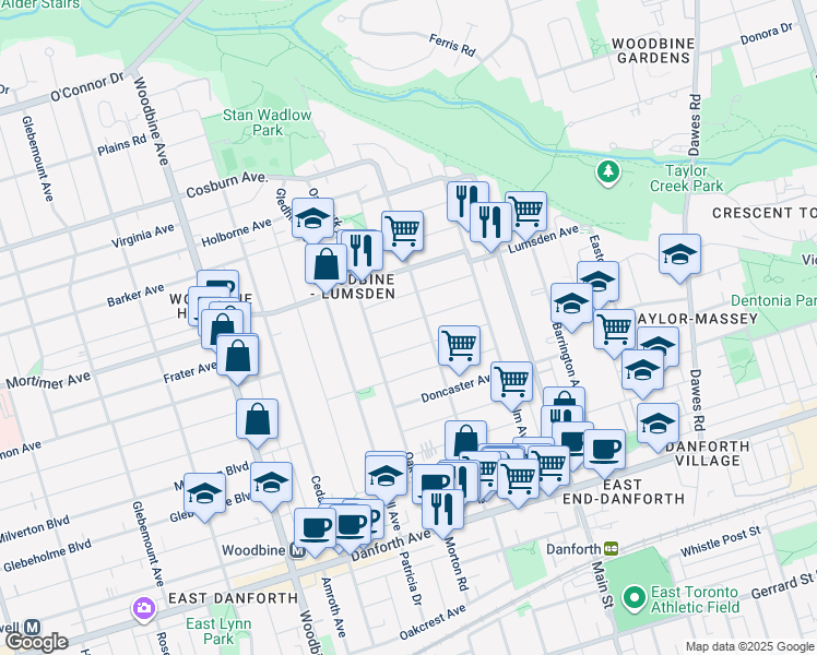 map of restaurants, bars, coffee shops, grocery stores, and more near 21 Westbrook Avenue in Toronto