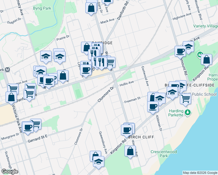 map of restaurants, bars, coffee shops, grocery stores, and more near 230 Clonmore Drive in Toronto