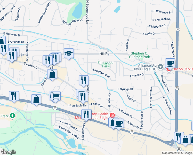 map of restaurants, bars, coffee shops, grocery stores, and more near 137 South Silverwood Way in Eagle