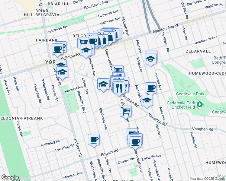 map of restaurants, bars, coffee shops, grocery stores, and more near 642 Vaughan Road in Toronto