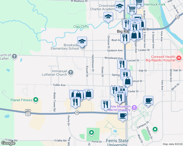 map of restaurants, bars, coffee shops, grocery stores, and more near 506 Hutchinson Street in Big Rapids