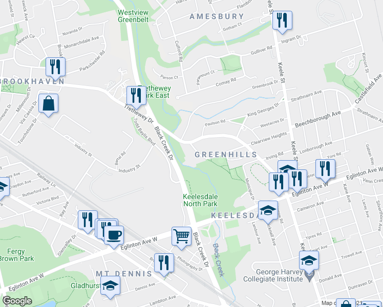 map of restaurants, bars, coffee shops, grocery stores, and more near 85 Clearview Heights in Toronto