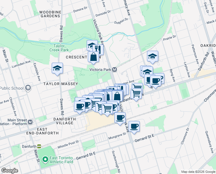 map of restaurants, bars, coffee shops, grocery stores, and more near 8 Bryant Avenue in Toronto