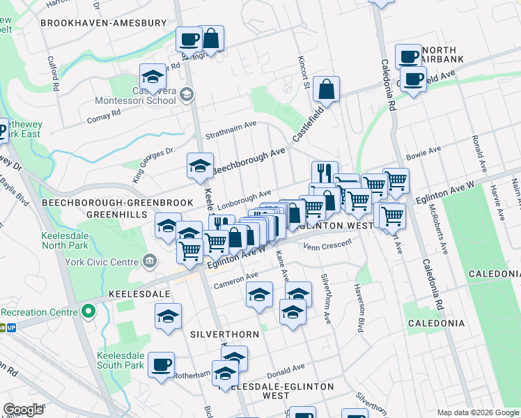 map of restaurants, bars, coffee shops, grocery stores, and more near 36 Yore Road in Toronto