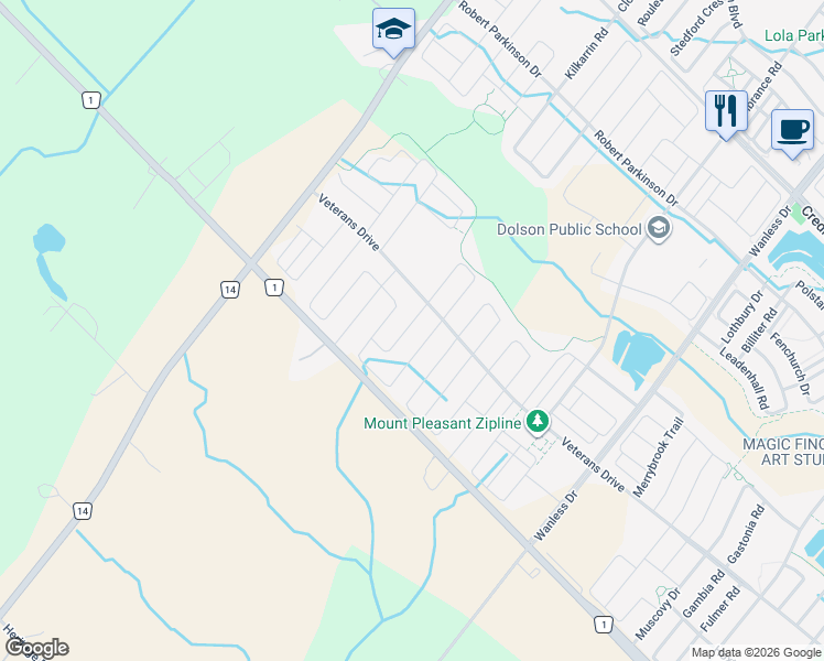 map of restaurants, bars, coffee shops, grocery stores, and more near 95 Emerald Coast Trail in Brampton