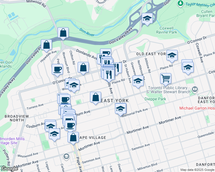 map of restaurants, bars, coffee shops, grocery stores, and more near in Toronto