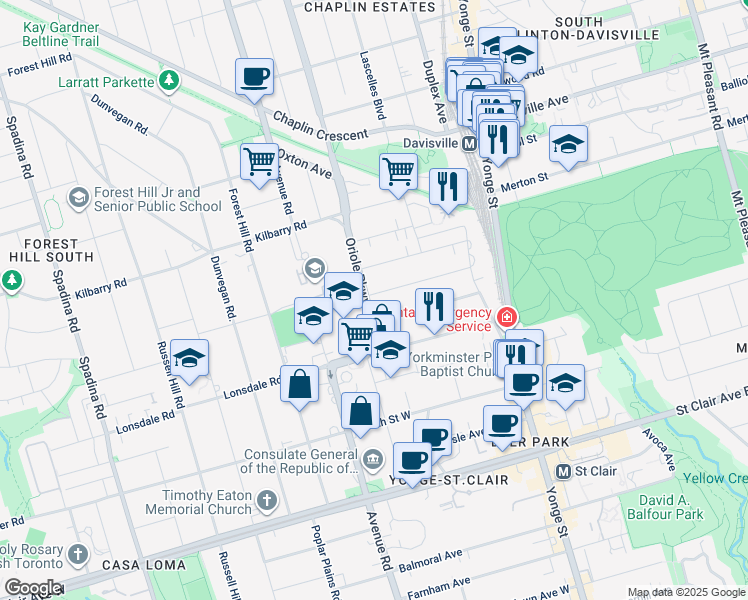 map of restaurants, bars, coffee shops, grocery stores, and more near in Toronto