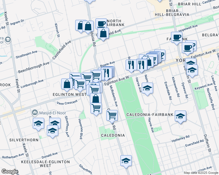 map of restaurants, bars, coffee shops, grocery stores, and more near in Toronto