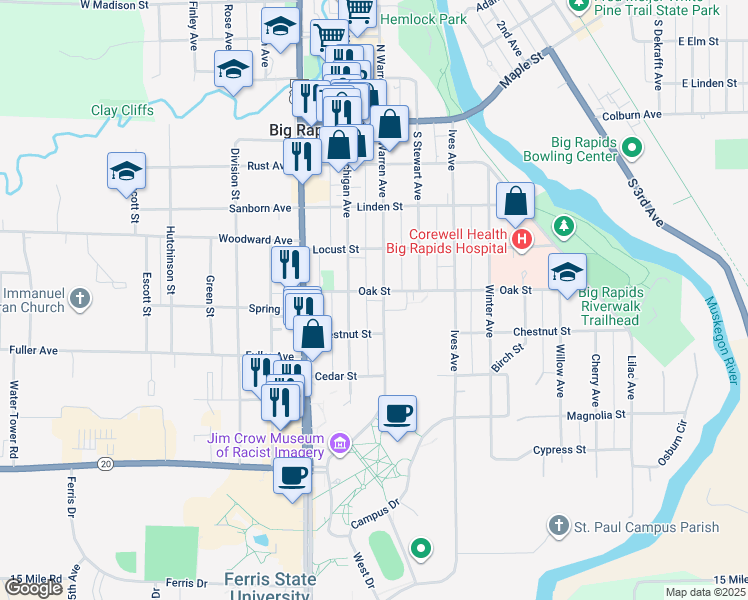 map of restaurants, bars, coffee shops, grocery stores, and more near 422 South Warren Avenue in Big Rapids