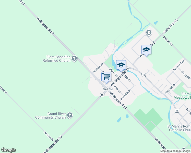 map of restaurants, bars, coffee shops, grocery stores, and more near 89 William Street in Wellington County