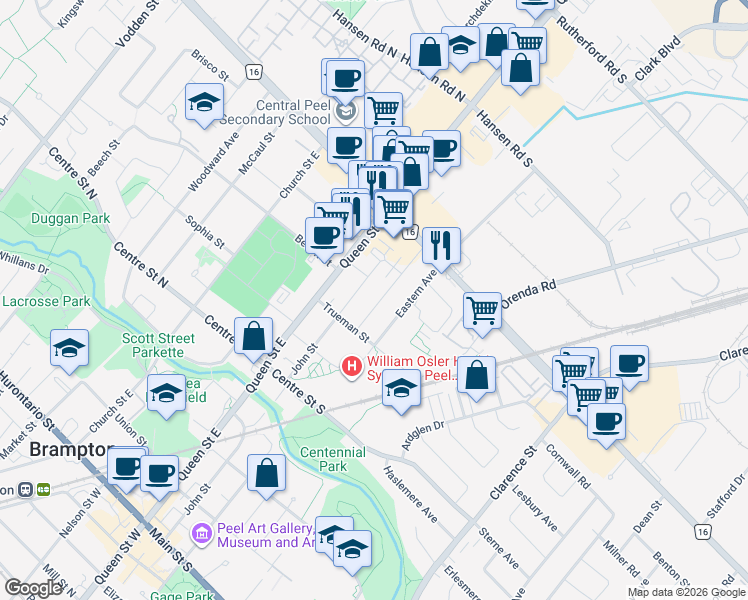 map of restaurants, bars, coffee shops, grocery stores, and more near 18 Hillcrest Avenue in Brampton