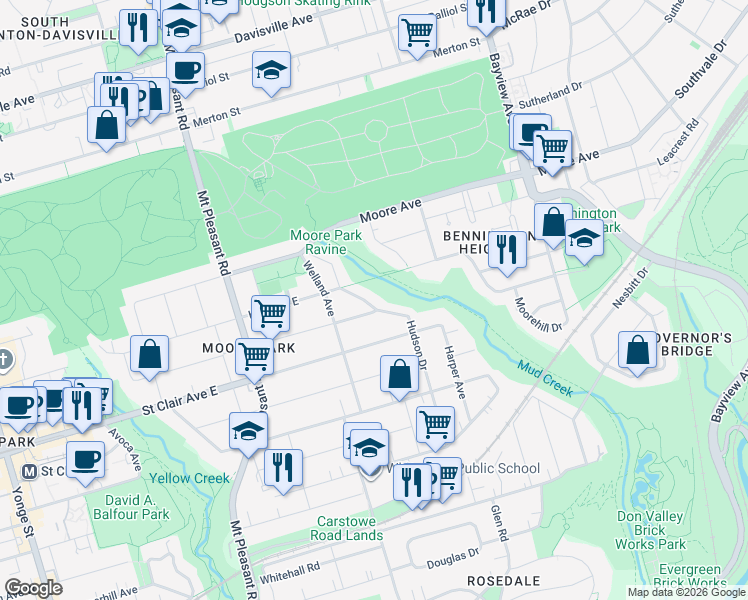 map of restaurants, bars, coffee shops, grocery stores, and more near 139 Hudson Drive in Toronto