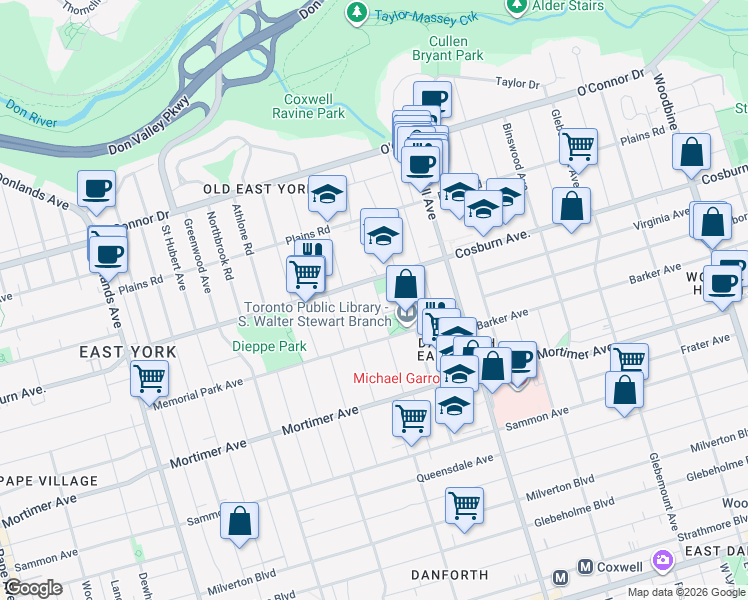 map of restaurants, bars, coffee shops, grocery stores, and more near 114 Roosevelt Road in Toronto