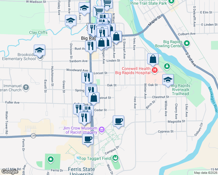map of restaurants, bars, coffee shops, grocery stores, and more near 210 Oak Street in Big Rapids