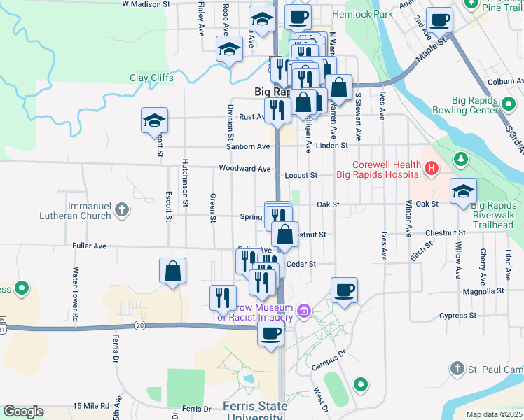 map of restaurants, bars, coffee shops, grocery stores, and more near 515 Clark Street in Big Rapids
