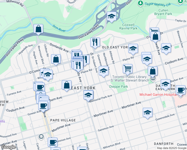 map of restaurants, bars, coffee shops, grocery stores, and more near 79 Cadorna Avenue in Toronto